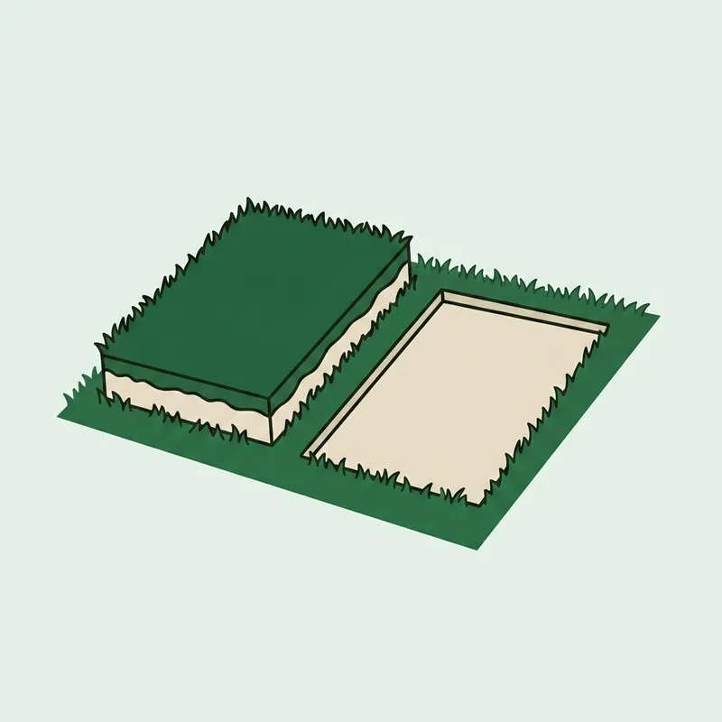 A cut piece of turf resting on the fairway beside the bare scar it came from