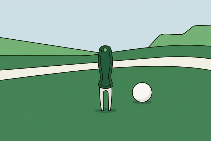 A two-pronged green repair fork pushed upright into the turf of a putting green