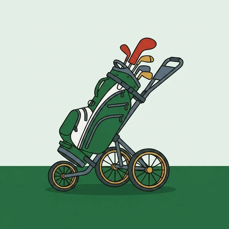 A golf trolley with a bag on it standing on grass