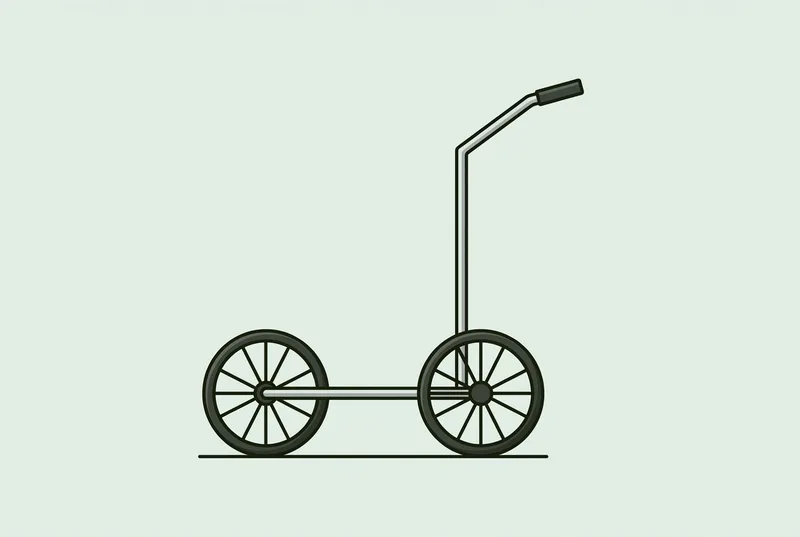 A two wheeled golf trolley with an empty frame, standing on flat ground