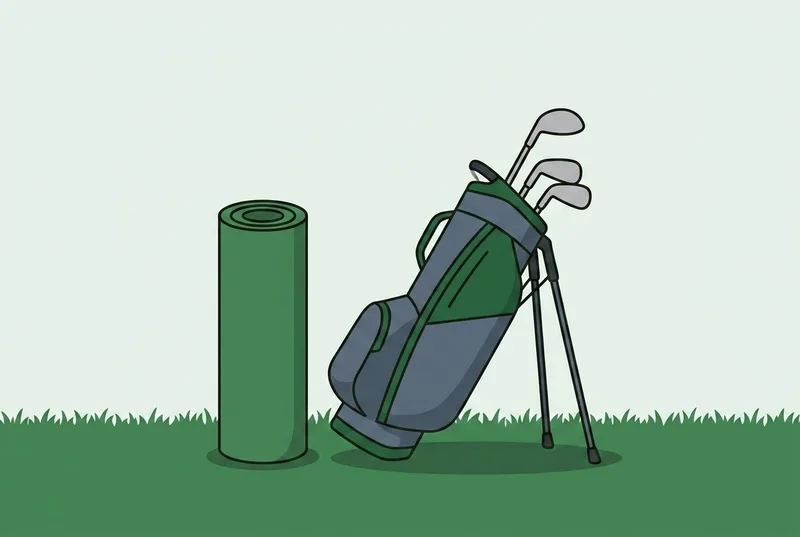 A rolled exercise mat standing upright beside a golf bag