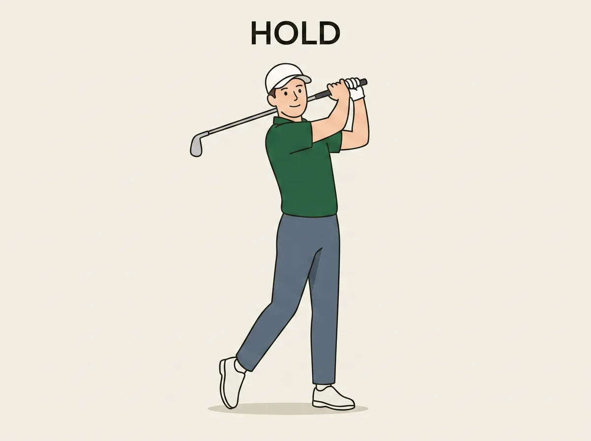 Diagram of a golfer standing in a full golf finish position, upright and balanced with the club behind the shoulders and one heel lifted