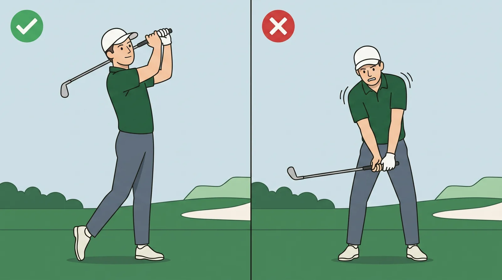 Comparison of a golfer holding a full high finish with the hands above the shoulders against a golfer whose swing has stopped with the hands low at waist height