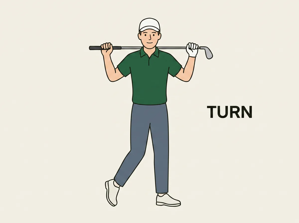 Diagram of a golfer holding a club horizontally across the back of the shoulders while standing tall in a rotated finish position