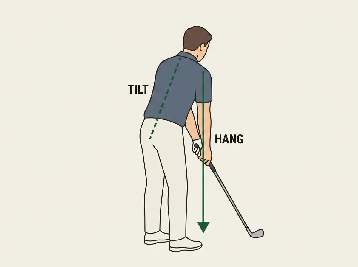 Diagram of a golfer at address seen from behind, showing the forward tilt from the hips and the arms hanging under the shoulders