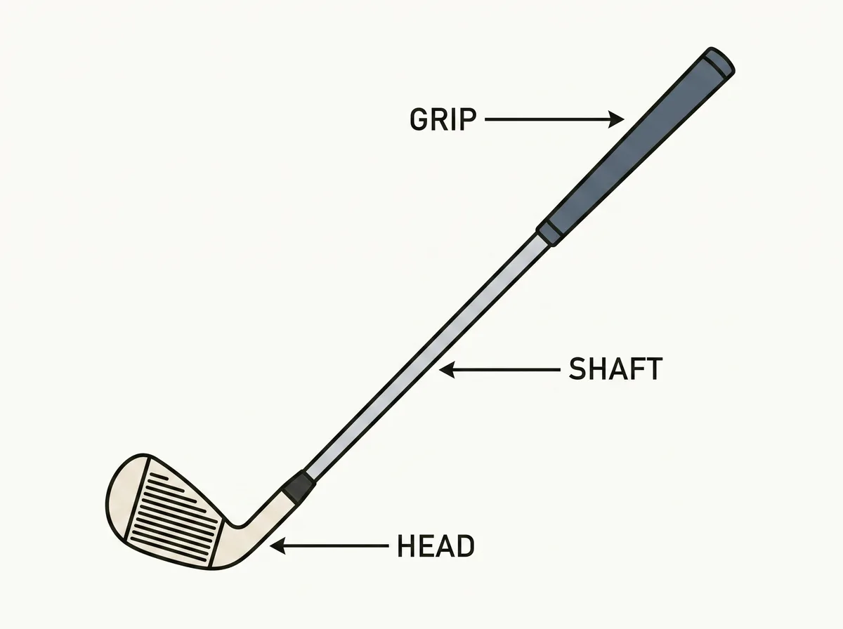 Diagram of a golf iron with its grip, shaft, hosel, sole and clubface labelled