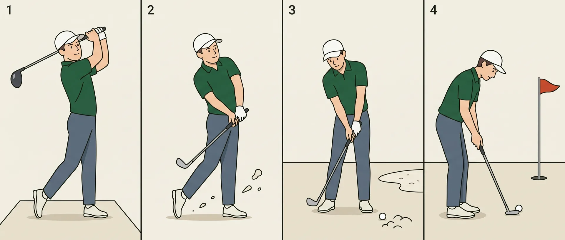 Four-panel sequence showing a golfer playing a hole: tee shot, approach shot, chip and putt