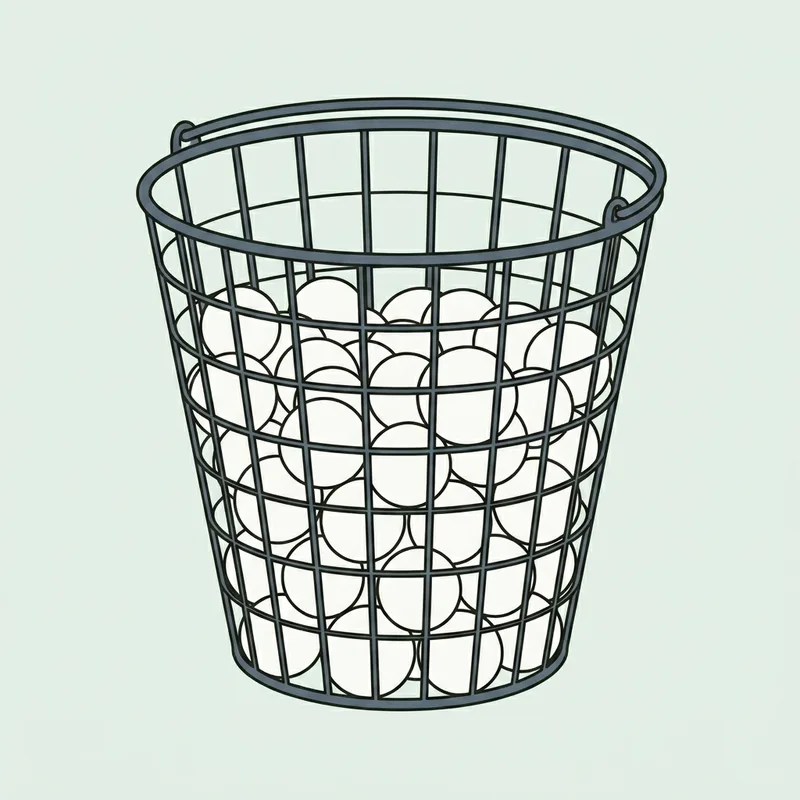 A wire range basket filled with practice golf balls