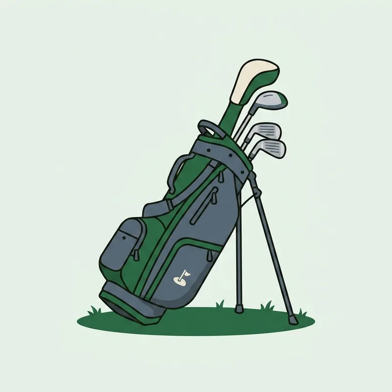 A small golf stand bag holding a few clubs, standing upright on grass