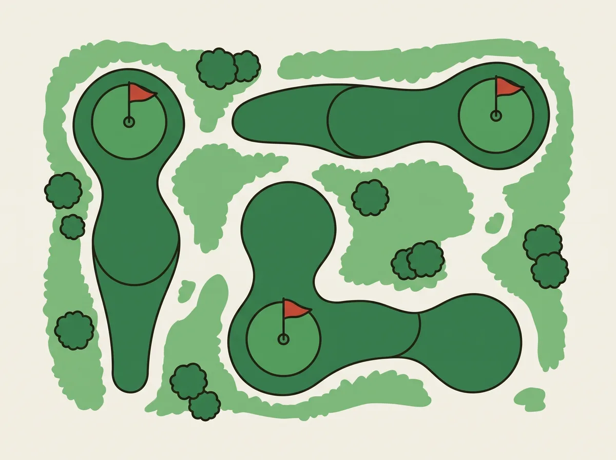 Overhead plan view of a small practice course with three short holes and small flags