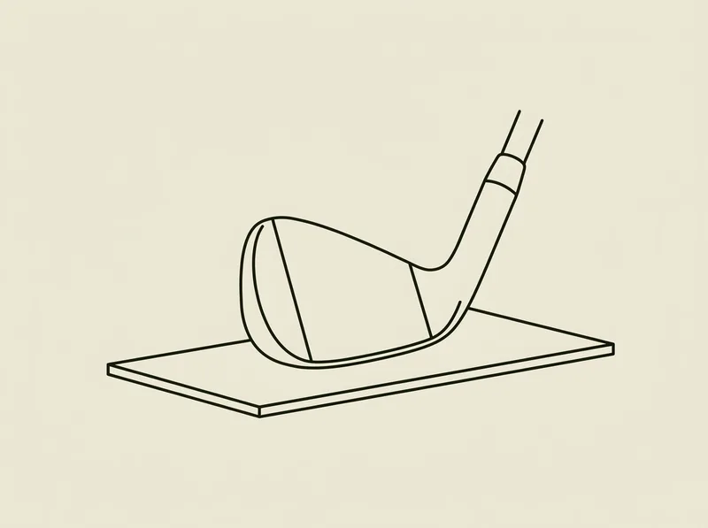 Illustration of a golf iron head resting on a thin flat rectangular board on the ground