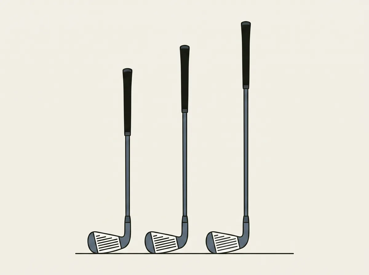 Diagram of three golf irons of different shaft lengths standing side by side against a plain background