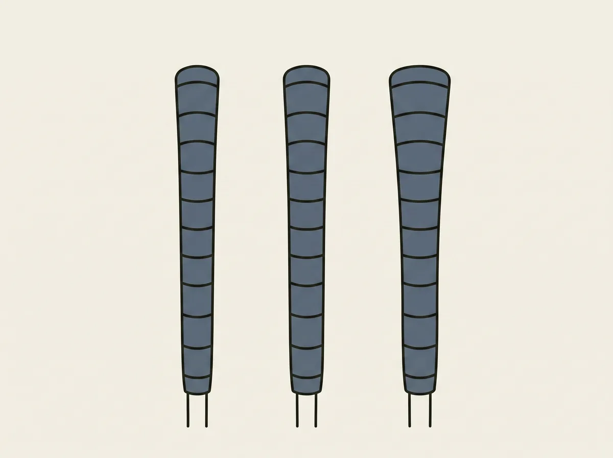 Three golf club grips standing upright side by side, each a different thickness
