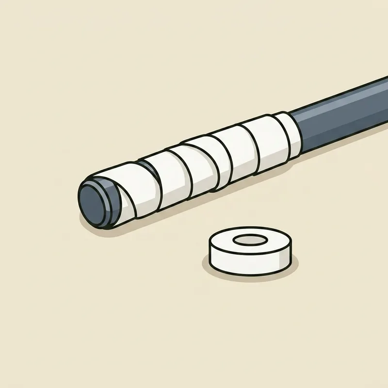 A bare golf shaft butt with tape wrapped around it and a roll of tape beside it