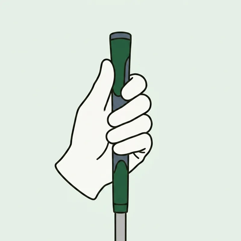 A gloved hand wrapped around a golf club grip seen from the side