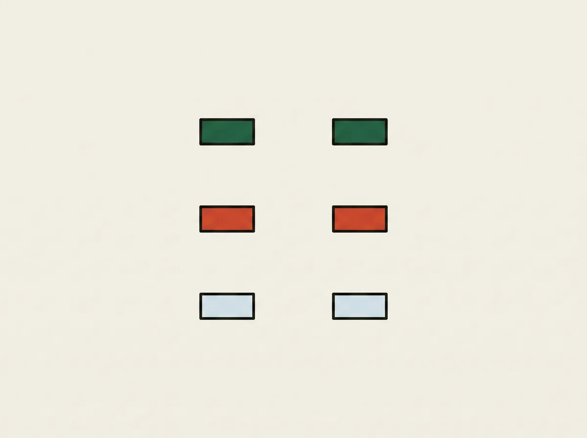 Three pairs of small rectangular tee markers arranged in three rows, each pair a different shade