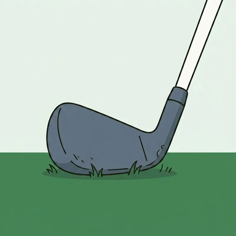 A golf iron head resting on short grass with turf marks on its sole