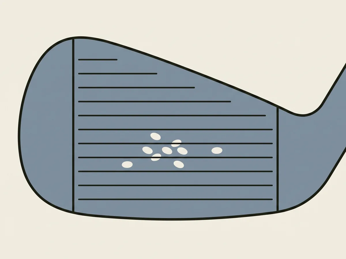 Diagram of the face of a golf iron marked with a scatter of strike marks clustered below the centre