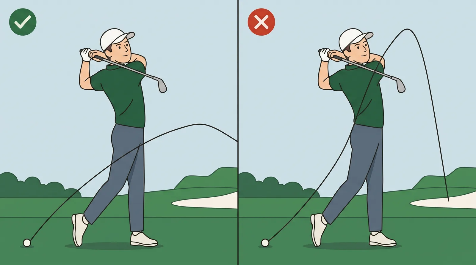 Comparison of a low penetrating iron shot against a high weak one that climbs steeply and drops short