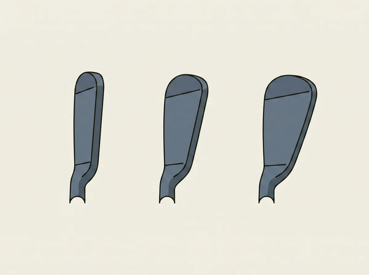 Three golf iron heads standing side by side, each face leaning back further than the last
