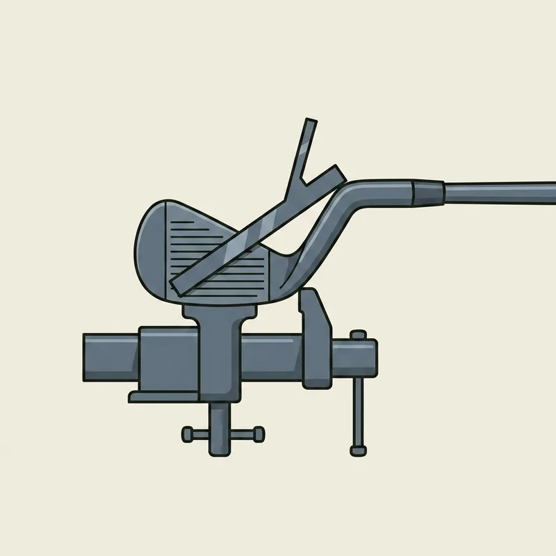 A golf iron head clamped in a bench tool with a gauge arm resting against the face
