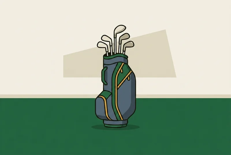 A golf bag standing upright on short grass with clubs in it