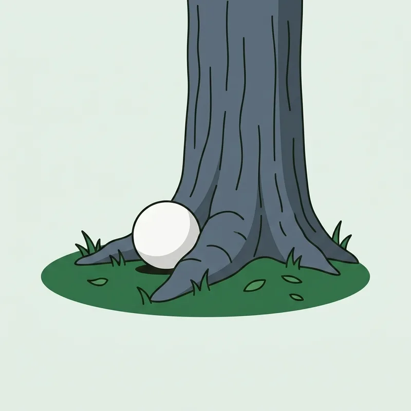 A golf ball resting against the base of a tree trunk in short grass