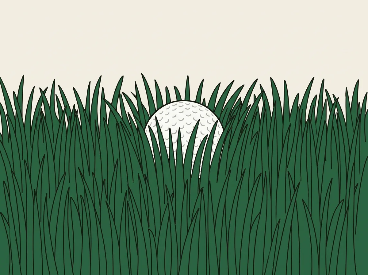 A golf ball sitting down in long thick rough grass with only the top of the ball visible