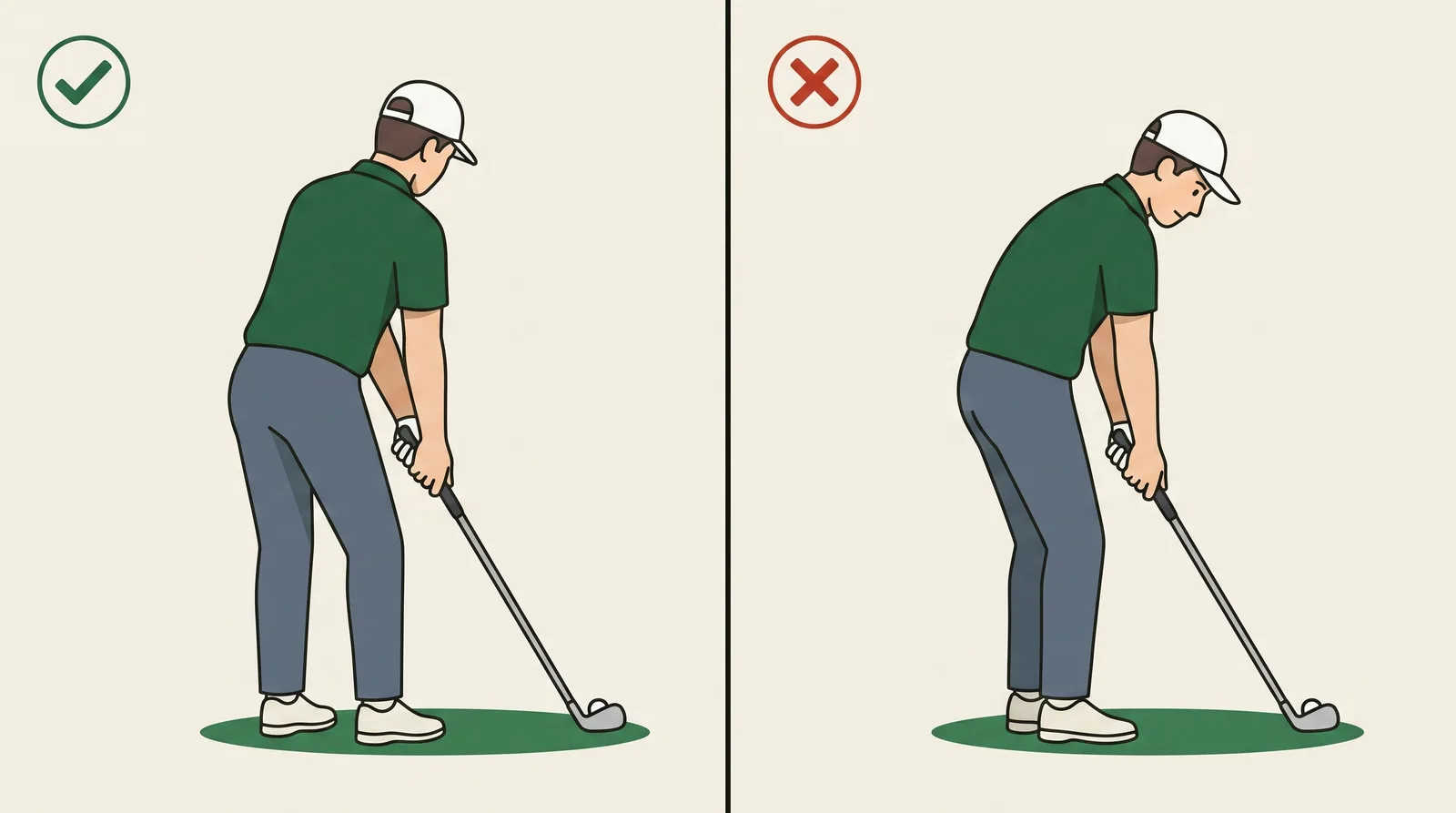 Comparison of a golfer hinged correctly from the hips against a golfer rounded forward through the upper back