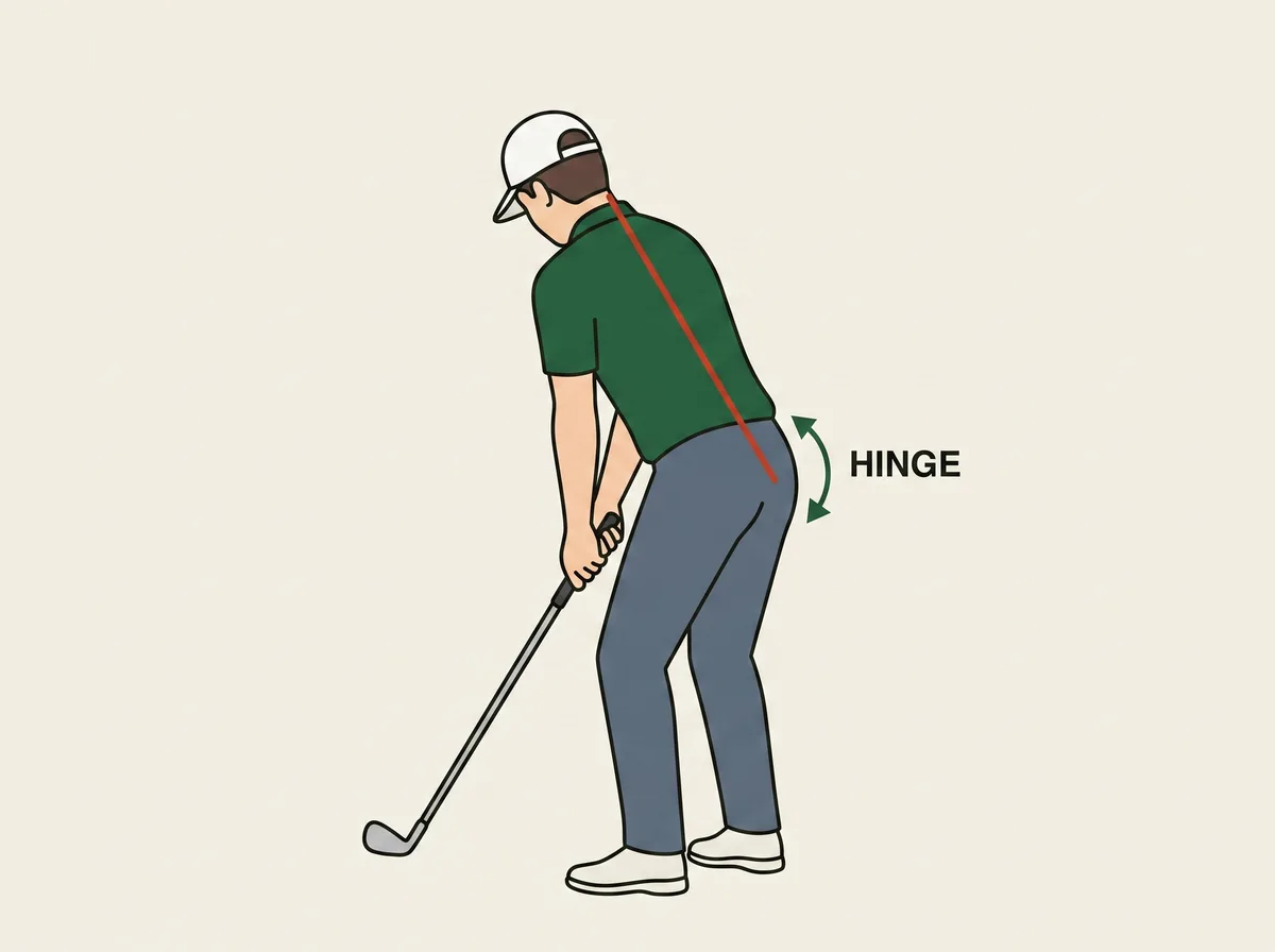 Diagram of a golfer at address seen from down the line, with a straight reference line along the back and the bend occurring at the hip joint