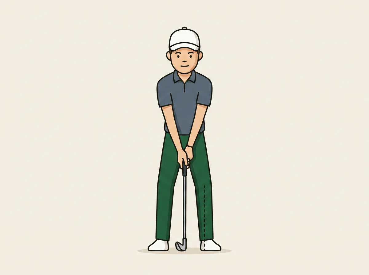 Diagram of a golfer at address seen face on with a vertical reference line showing a small knee flex with the kneecap above the middle of the foot