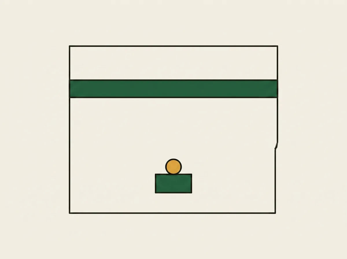 An overhead layout of a rectangular room with a net across one end and a hitting mat on the floor in front of it