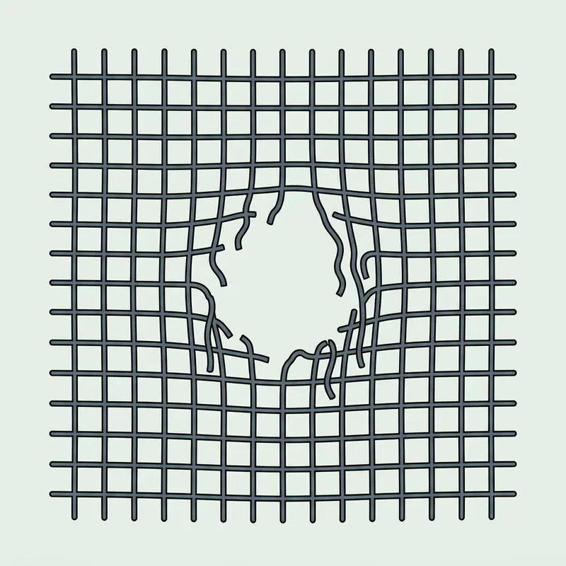 A panel of square mesh netting with a ragged torn hole in the middle of it