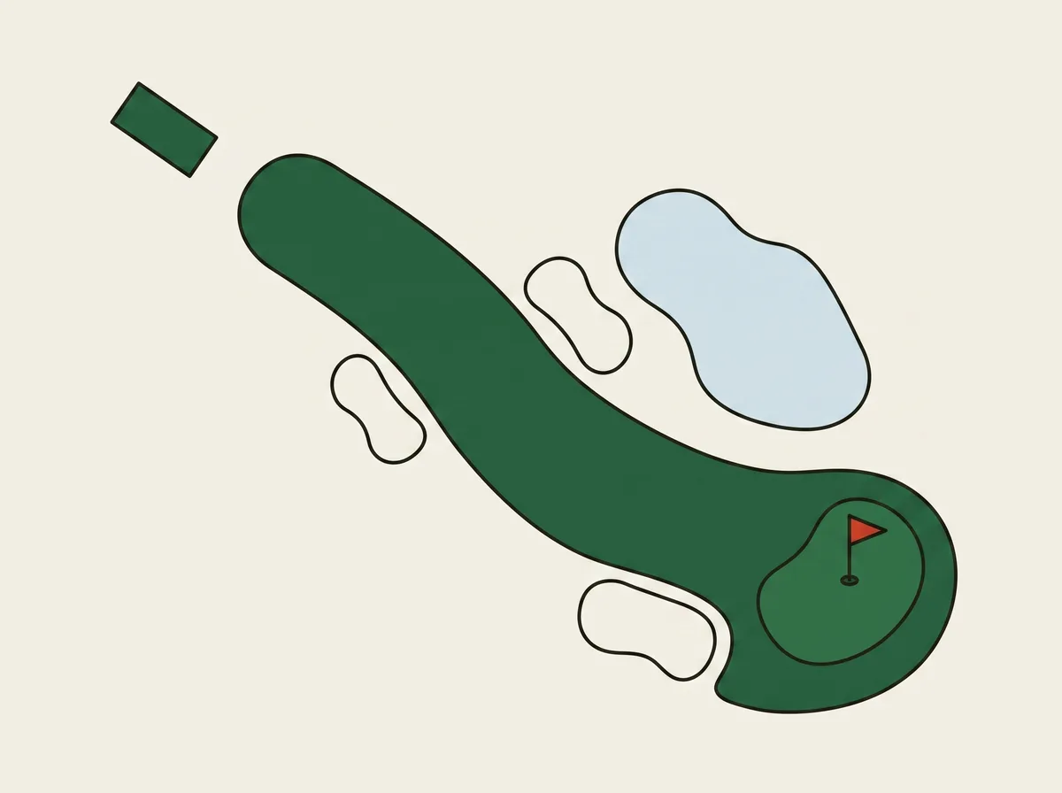 Overhead map of a single golf hole showing a tee box, fairway, bunkers, a pond and a green with a flagstick