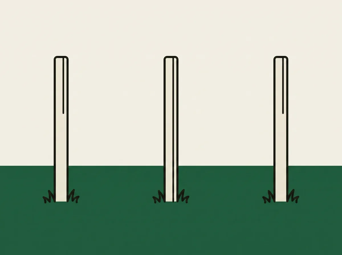 Three plain marker stakes standing upright in short grass, evenly spaced