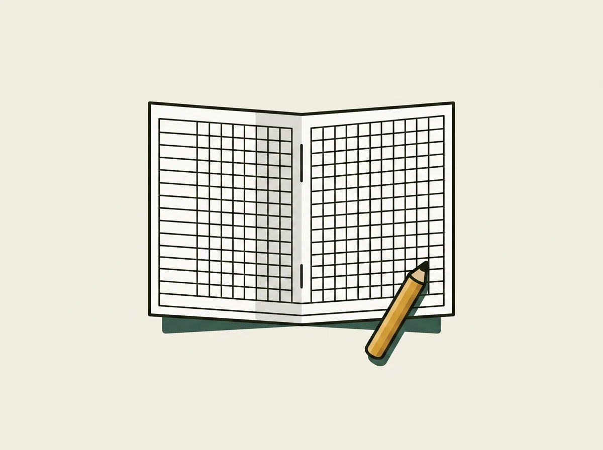 An open paper golf scorecard showing an empty grid of ruled boxes in rows and columns, with a pencil resting beside it