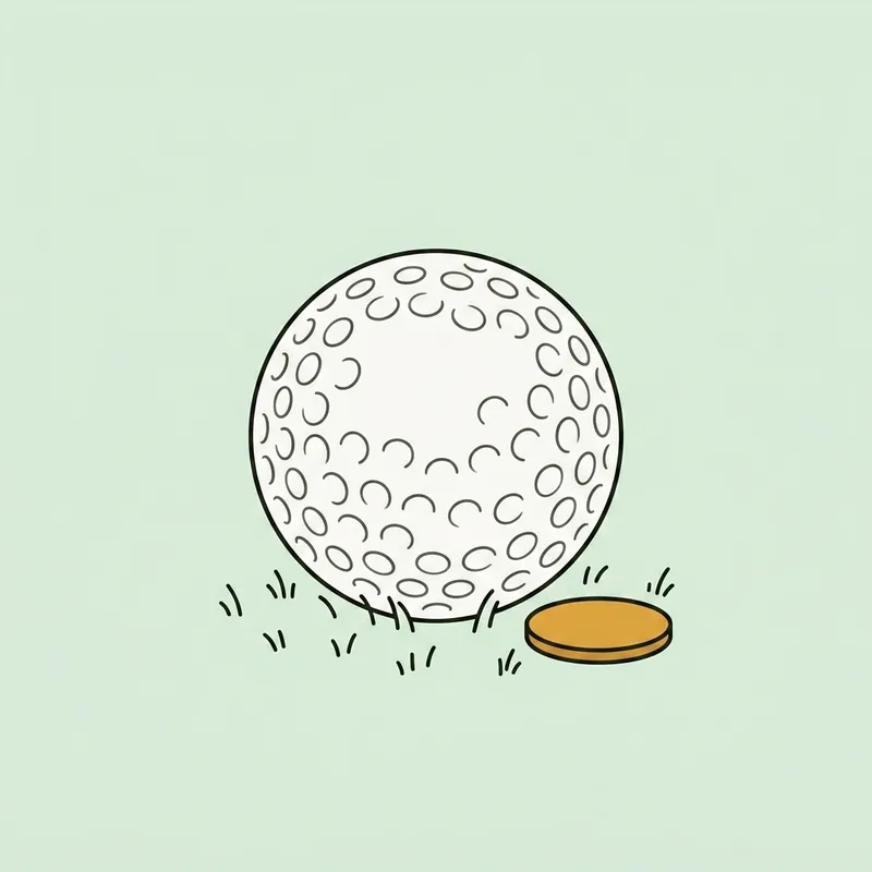 A single golf ball resting on short grass next to a small round flat ball marker
