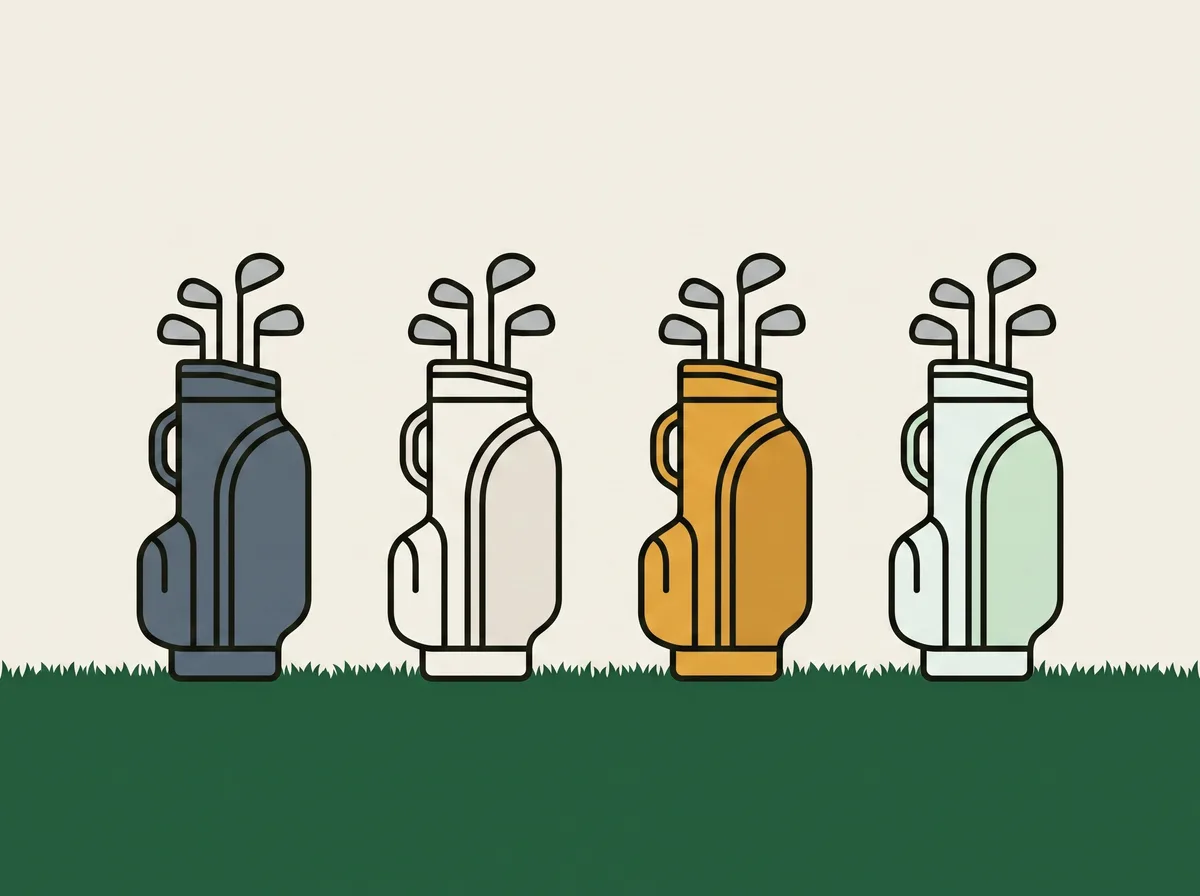 Four golf bags of the same shape standing upright in a row on short grass