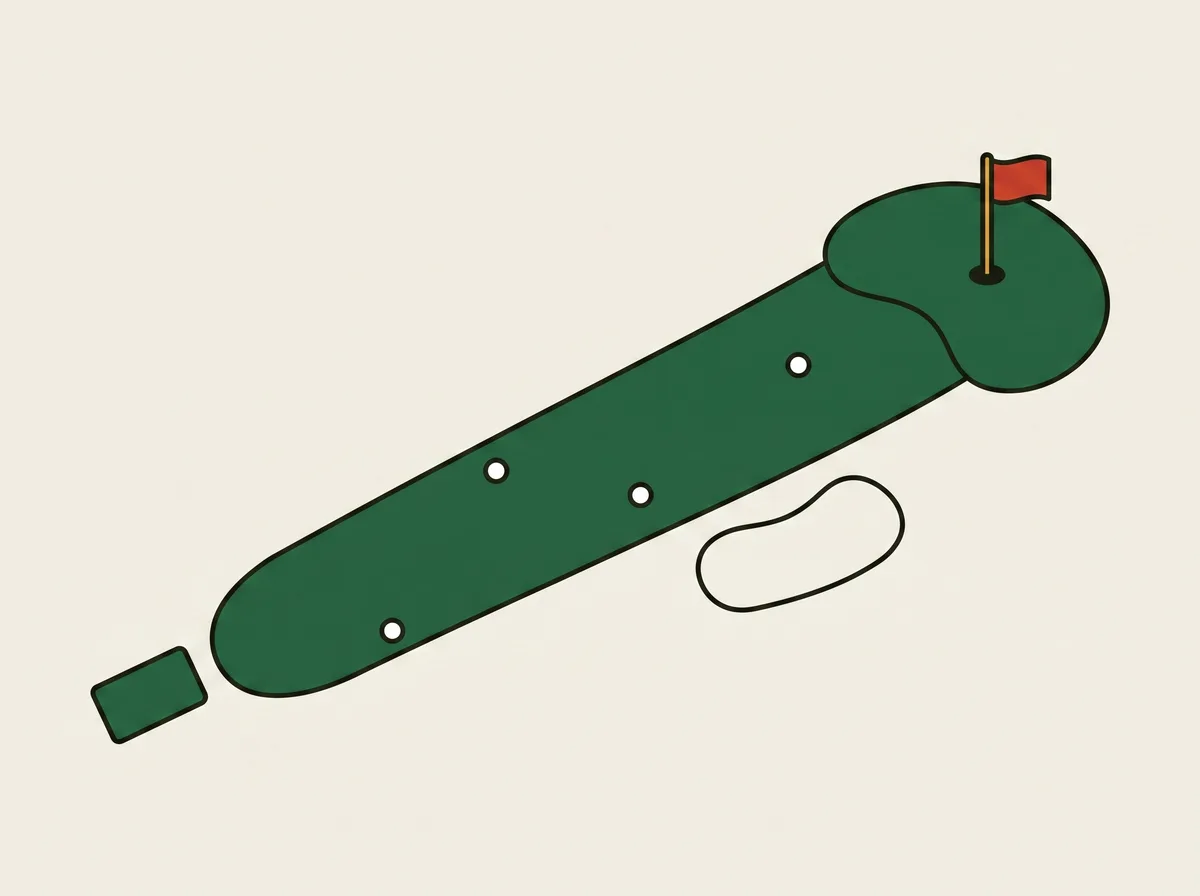 Overhead map of a golf hole with four small balls scattered at different points along the fairway
