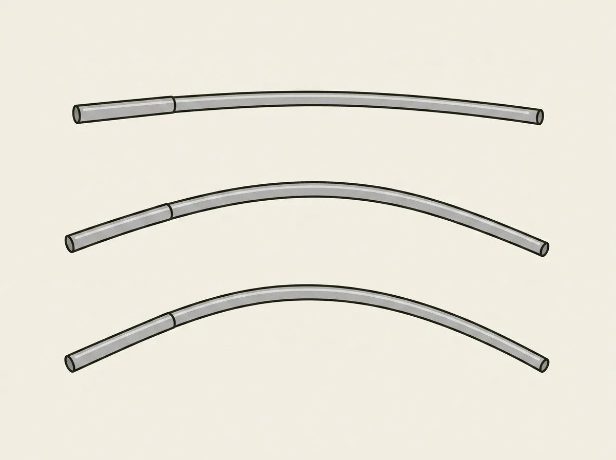 Three golf club shafts lying parallel, each bent into a different amount of curve