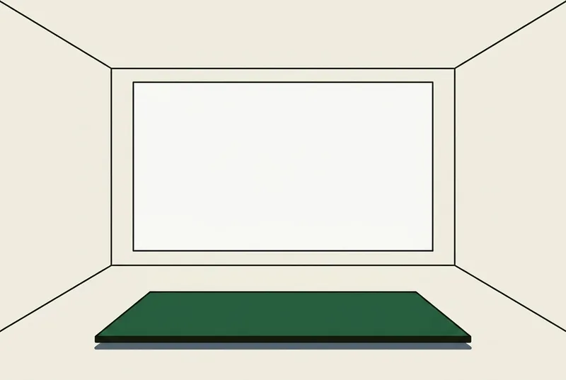 An empty indoor bay with a plain flat screen at one end and a hitting mat on the floor