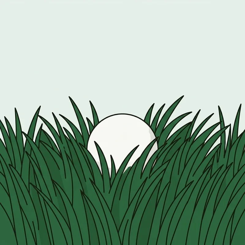 A golf ball sitting down in thick long rough grass with only its top half visible