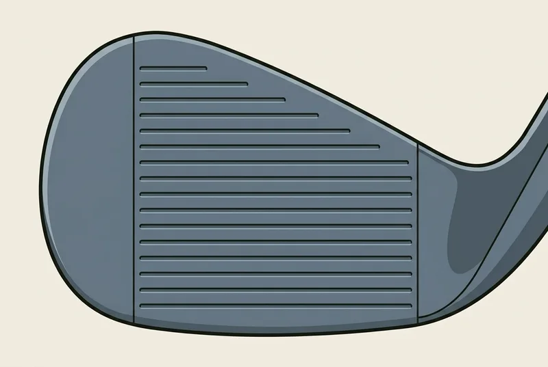 Close view of the face of a golf wedge showing the fine parallel grooves across it