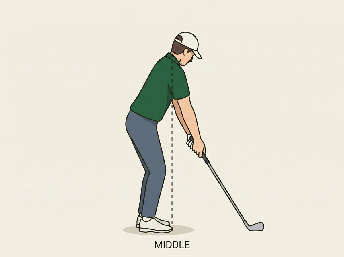 Diagram of a golfer at address seen from down the line with a vertical reference line showing balance over the middle of the feet