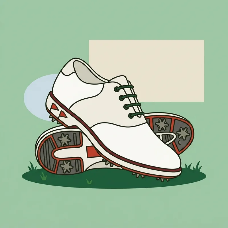 A single golf shoe standing on short grass with its spiked sole visible