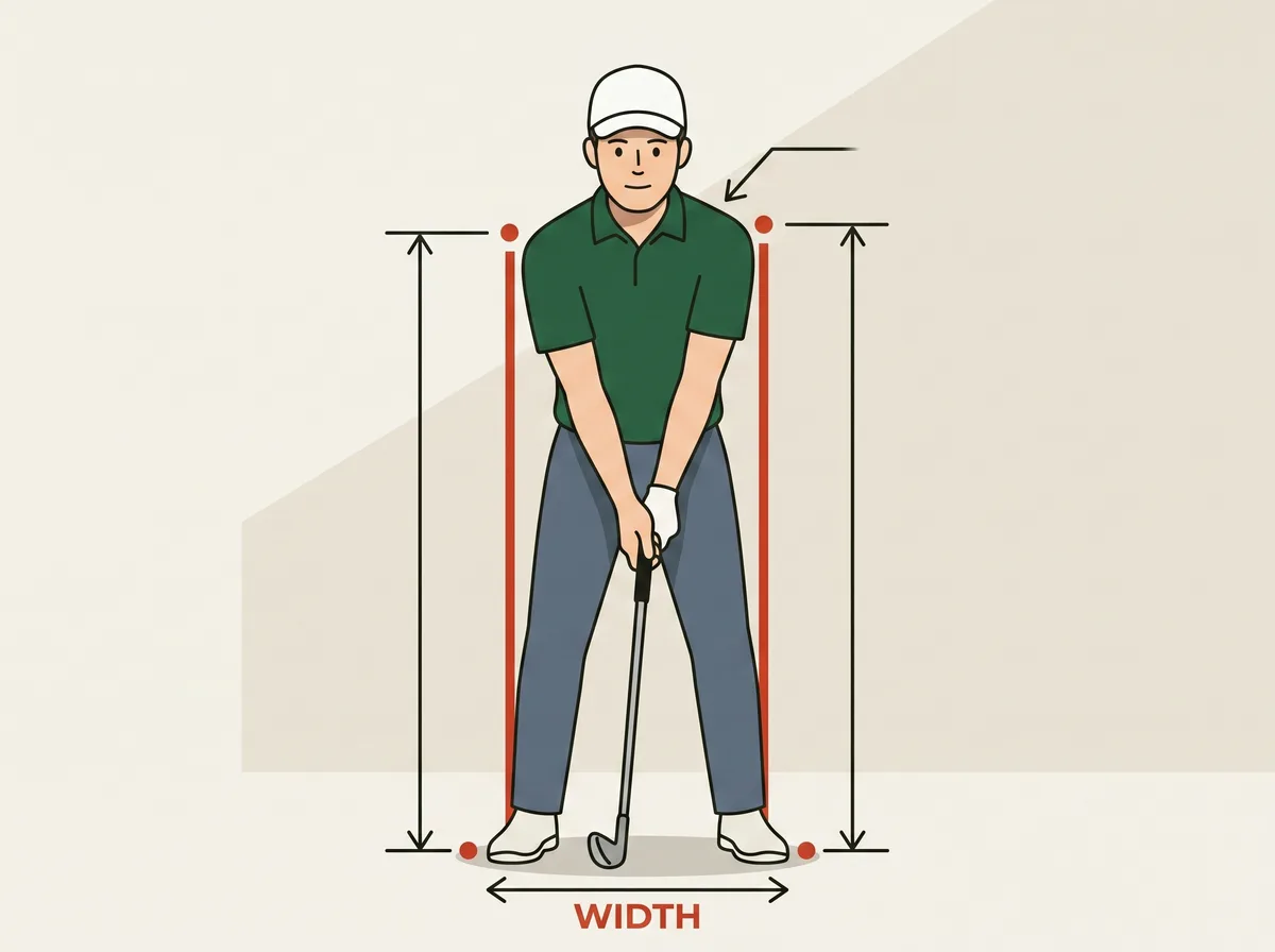 Diagram of a golfer at address seen face on with vertical reference lines dropping from the outside of each shoulder to the heels