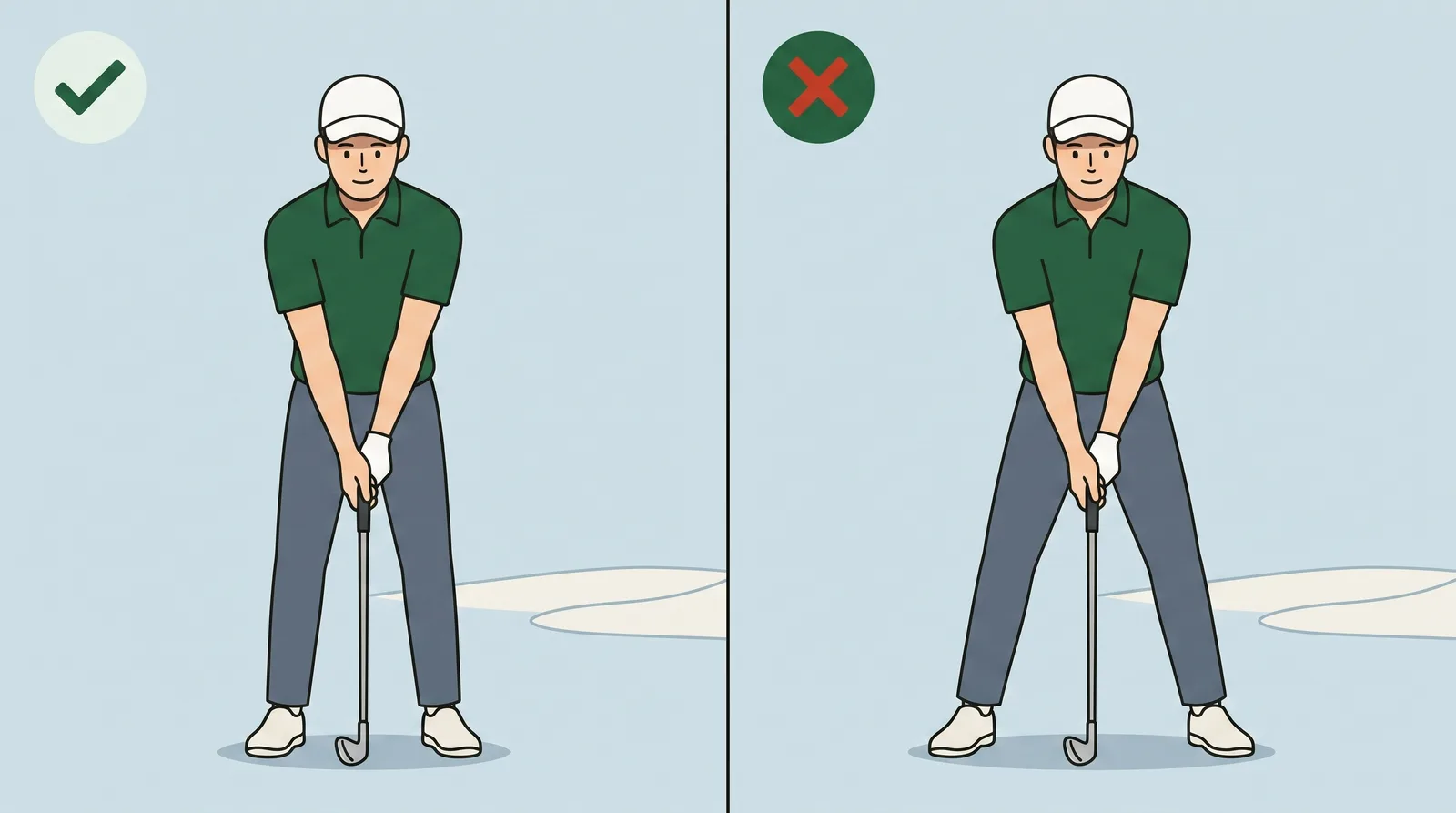 Comparison of a golfer at address with the heels at shoulder width against the same golfer with a stance far too wide