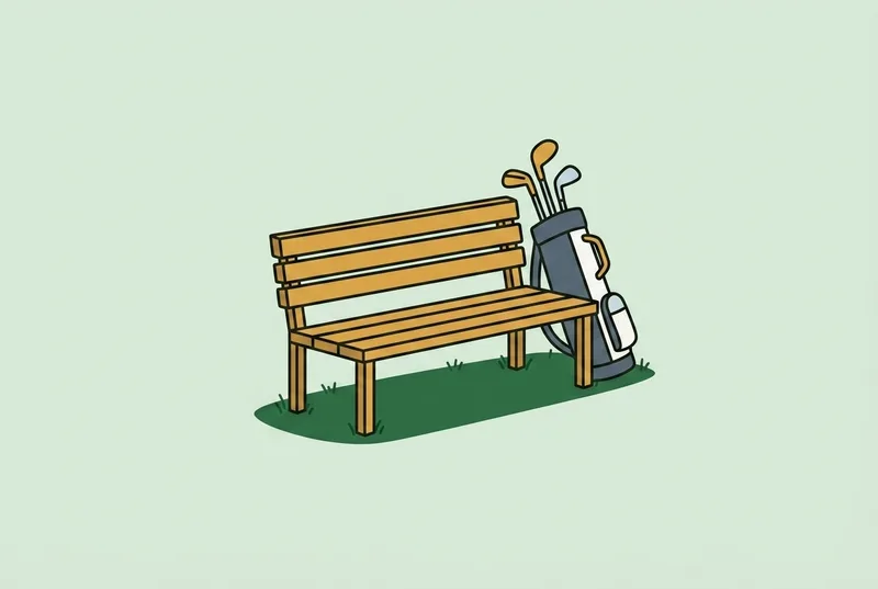A plain wooden bench on grass with a golf bag leaning against one end