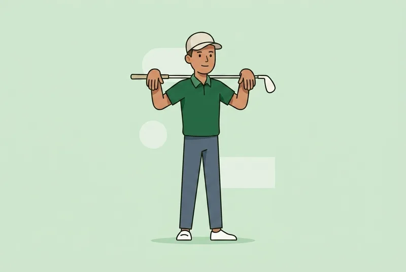 A golfer standing upright with a golf club resting horizontally across the back of the shoulders