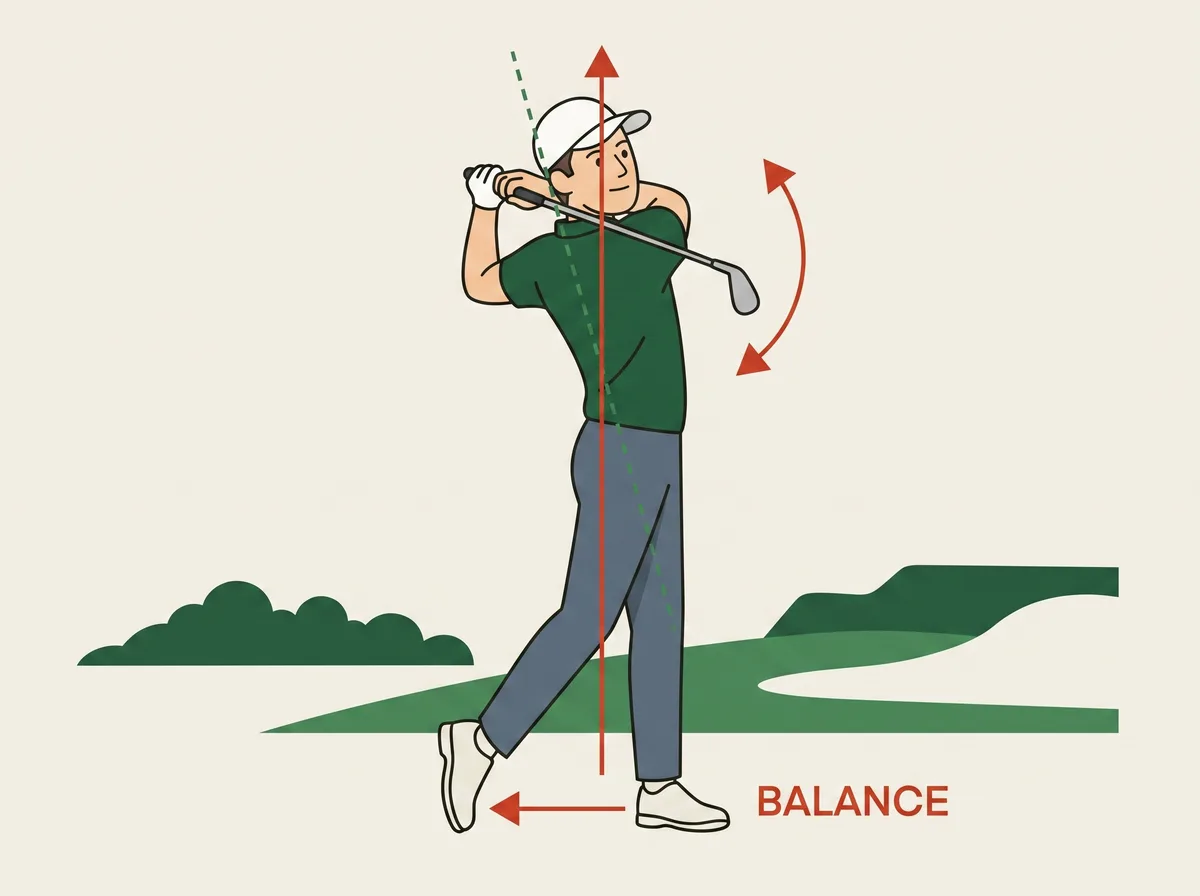 Diagram of a golfer holding a balanced finish position, chest facing the target with the weight on the front foot and the back toe on the ground